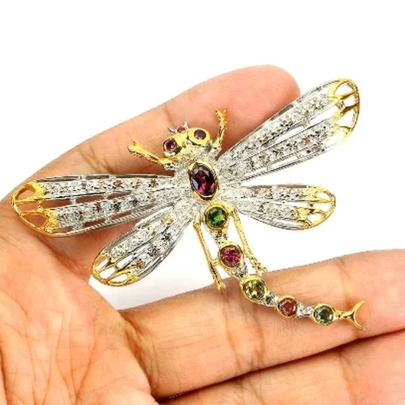 Genuine Multi Gemstone Dragonfly Brooch